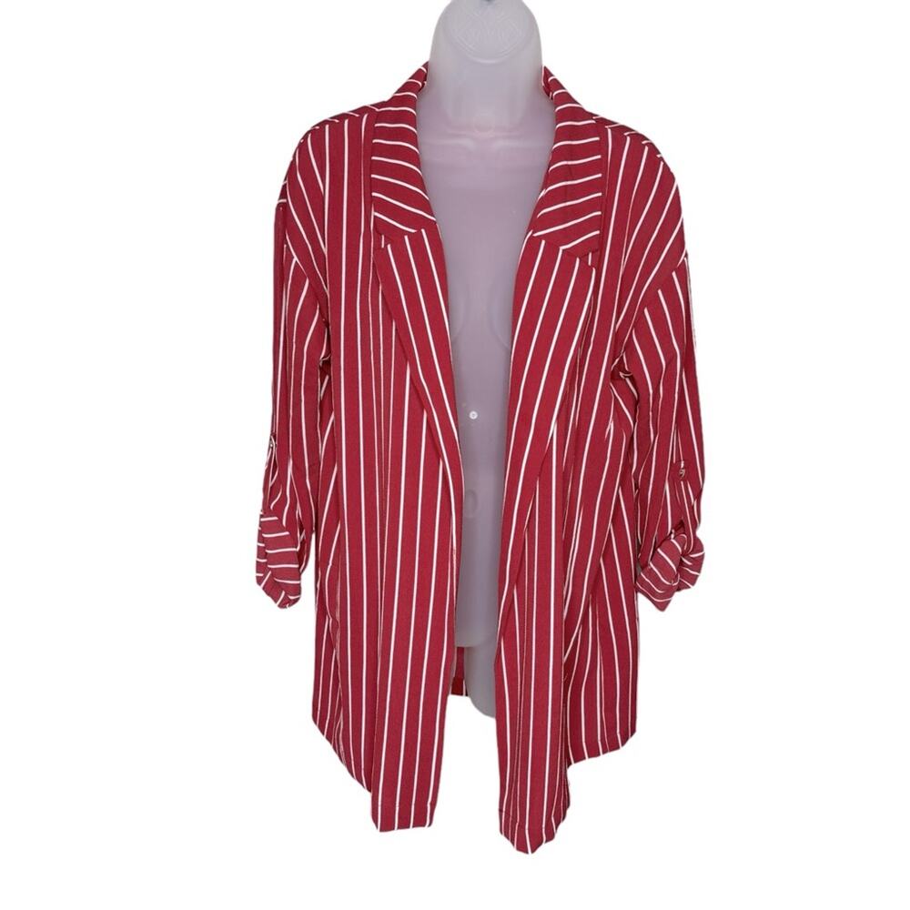ACTIVE USA Red Striped Open Front Roll Sleeve Lightweight Blazer Women’s